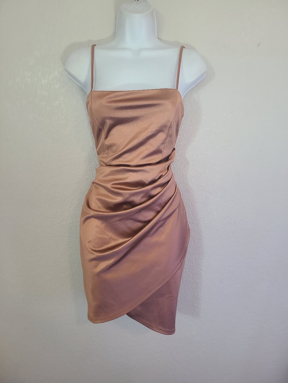Glare Satin Ruched Slip Dress in Rose Gold Metallic Bodycon Stretch Square Neck